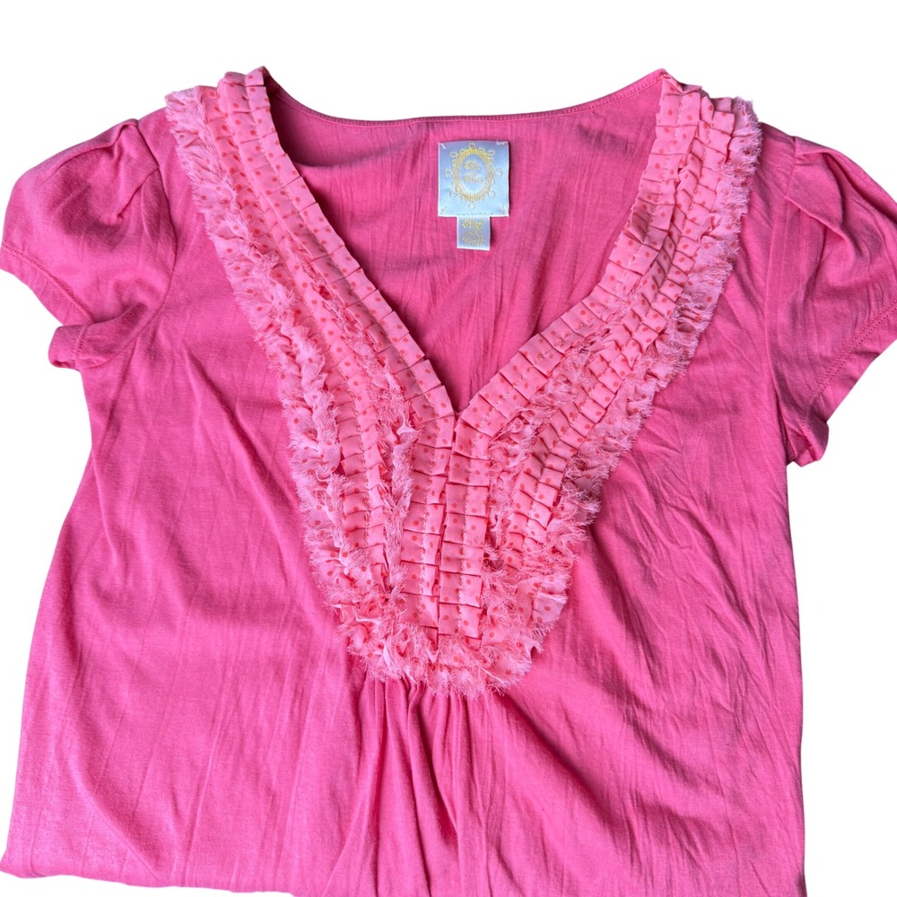 Ric Rac Ruffle V-Neck Top Womens S Pink Excellent Short Sleeve Puff Back Gather
